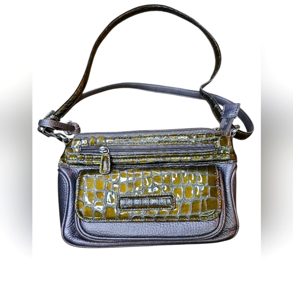 Brighton Green Croc Embossed And Pewter Gray Y2K Animal Print Leather Purse